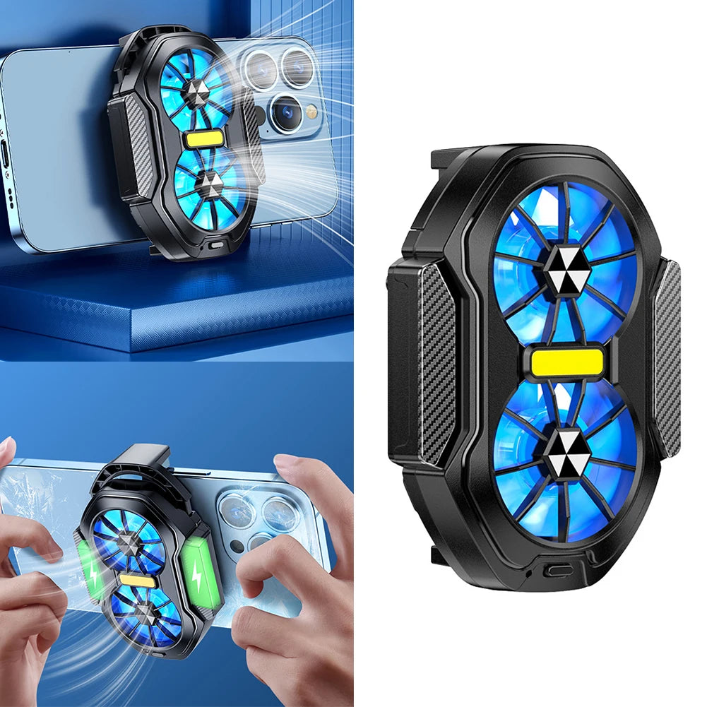 Dual Fan Mobile Phone Cooler Plug-in/Rechargeable Phone Cooler Air Cooling Type-C with Blue Light for Android Smartphones iPhone