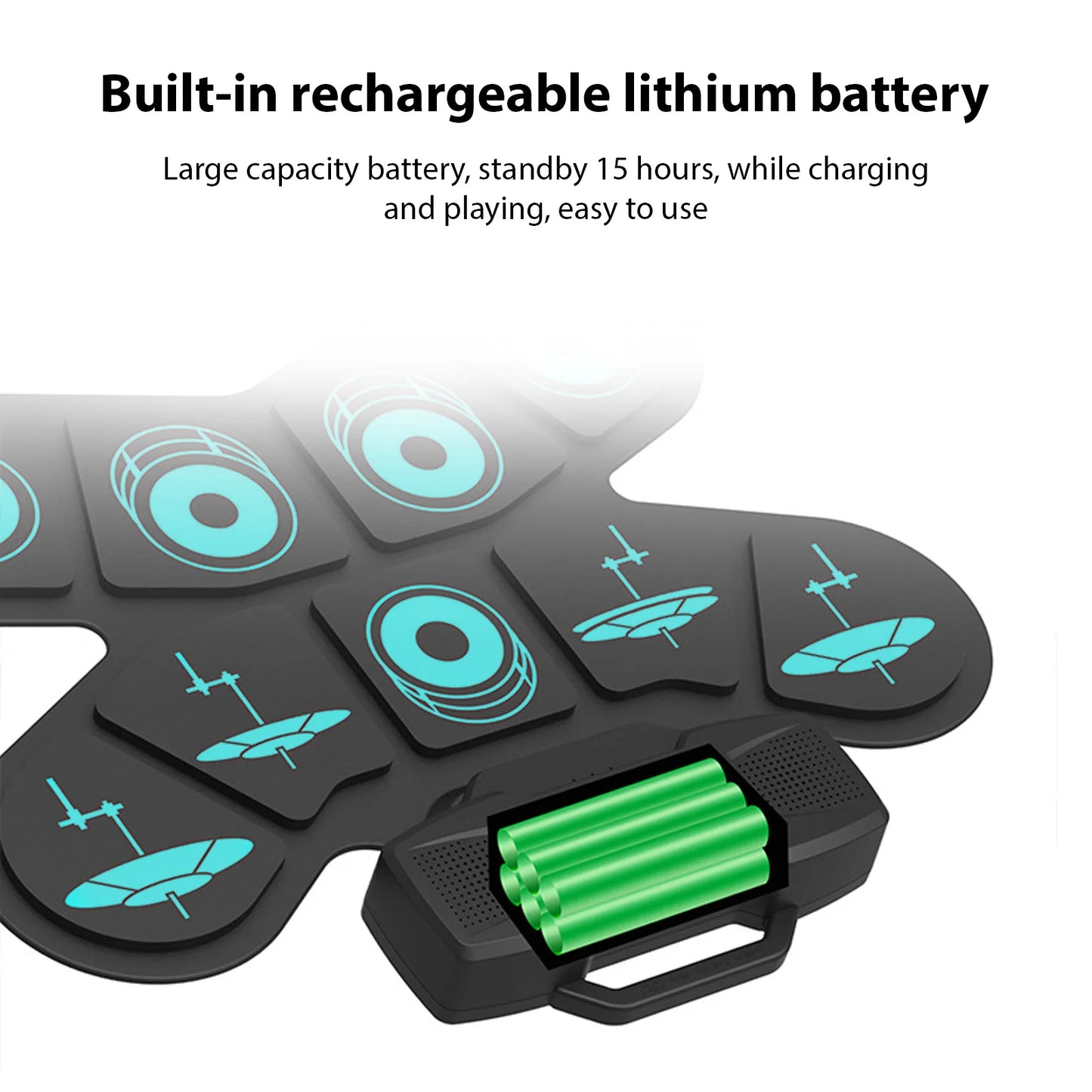 WGS505 Electronic Drum Set 9 Pads Hand Roll Drum with Dual Speaker Rechargeable Practice Drum Kit + Drumsticks + Foot Pedal