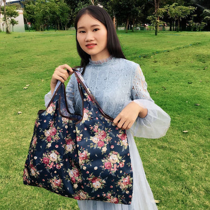 Dark blue floral reusable shopping bag for groceries