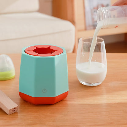 Light blue electric milk frother with red accents and hexagonal base