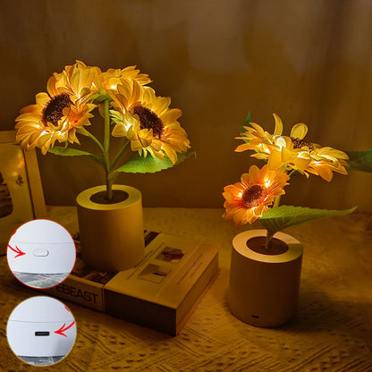 LED Flower Lamp with Yellow Flowers and Green Leaves on a Beige Base
