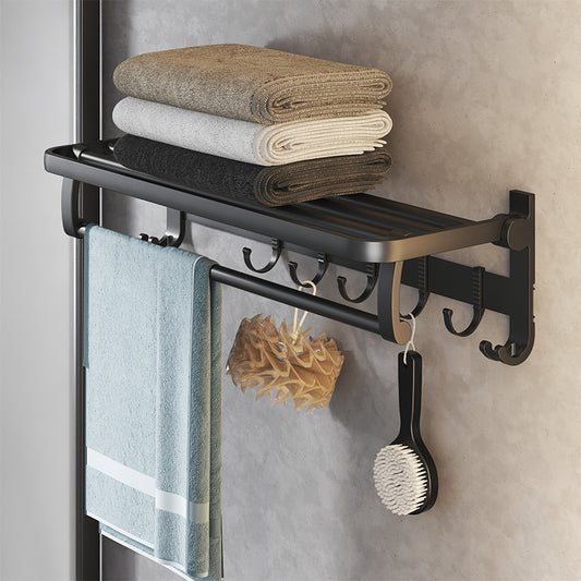 Wall-Mounted Space Aluminum Bathroom Shelf with Hooks (No Drill)