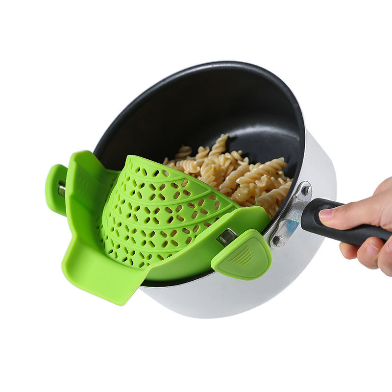 Eco-Friendly Clip-On Pot Strainer - Green Silicone Kitchen Tool