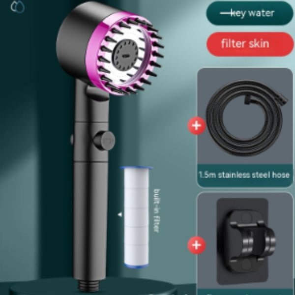 Black handheld showerhead with pink accents and built-in filter