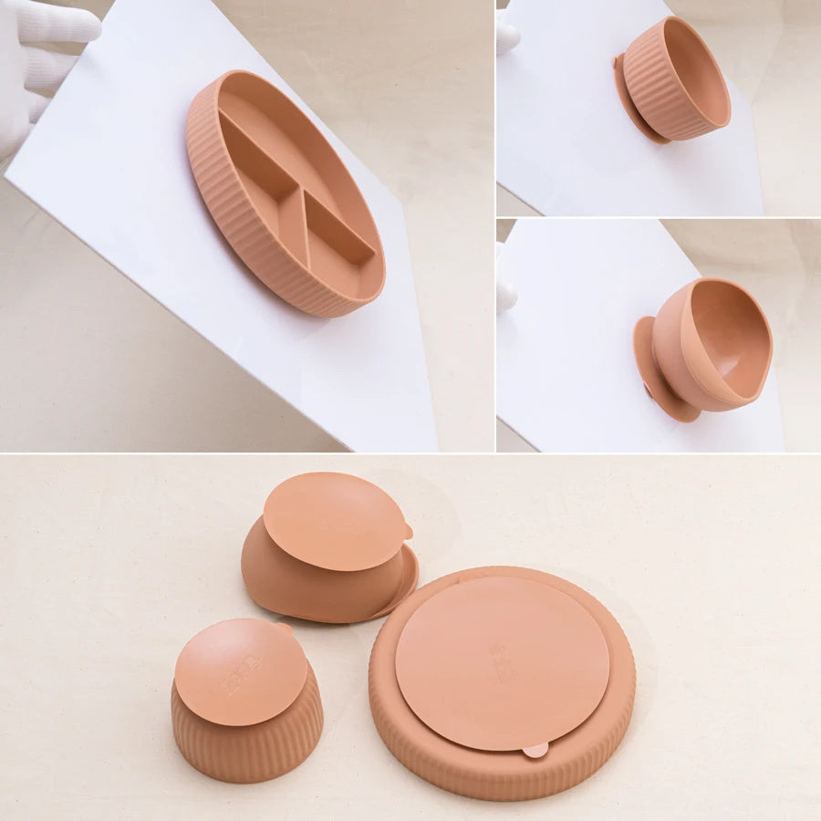 Eco-Friendly Pink Silicone Baby Feeding Plate Set