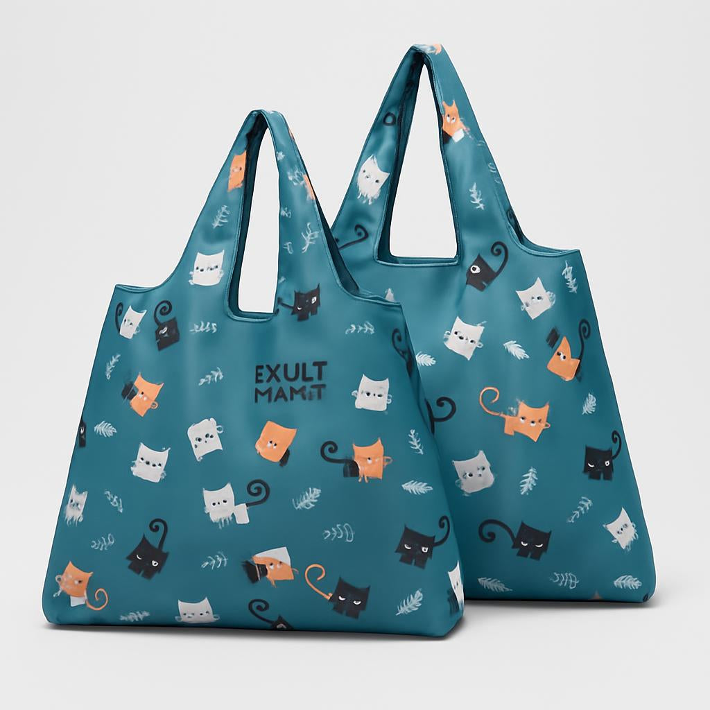 Eco-Friendly Reusable Shopping Bags - Blue Polka Dots & Cat Pattern