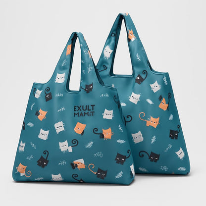 Eco-Friendly Reusable Shopping Bags - Blue Polka Dots & Cat Pattern