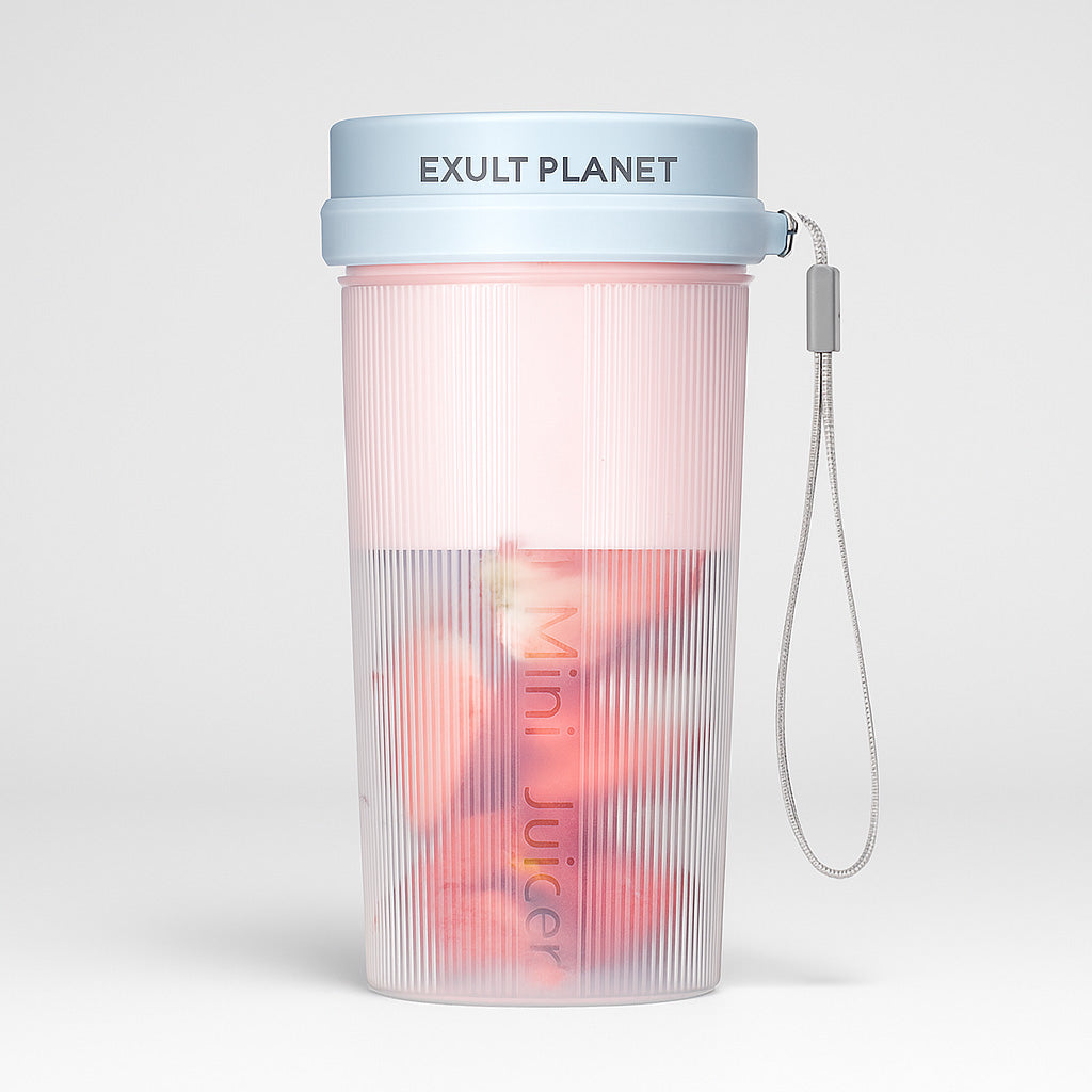 Portable Mini Juicer Blender in Light Pink with Blue Lid