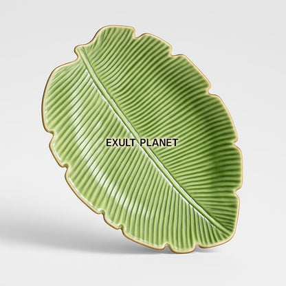 Eco-Friendly Leaf-Shaped Ceramic Serving Plates - Green Natural Design