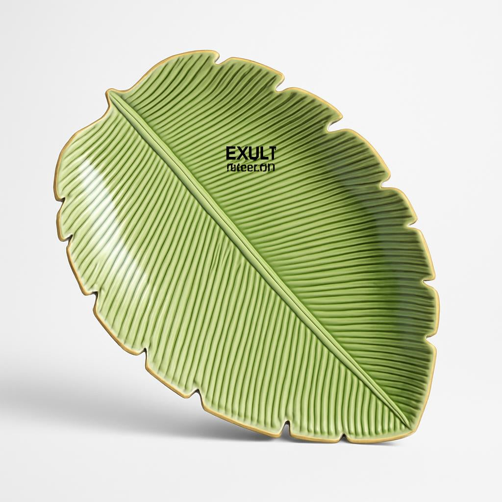 Eco-Friendly Leaf-Shaped Ceramic Serving Plates - Green Natural Design
