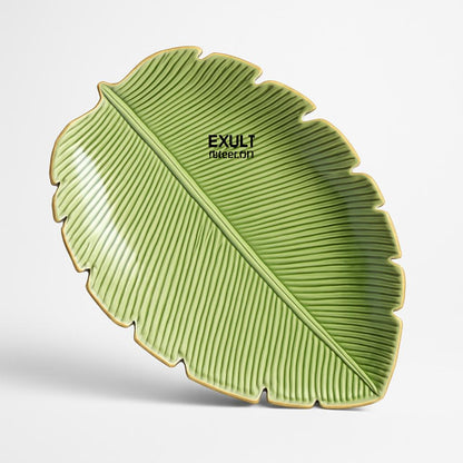 Eco-Friendly Leaf-Shaped Ceramic Serving Plates - Green Natural Design