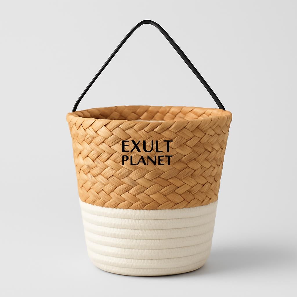 Natural Beige Hanging Storage Basket - Eco-Friendly Woven Straw Organizer