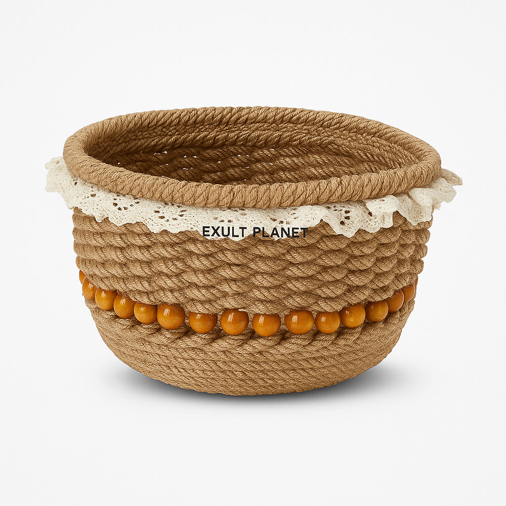 Eco-Friendly Decorative Storage Basket in Natural Beige with Floral Accents