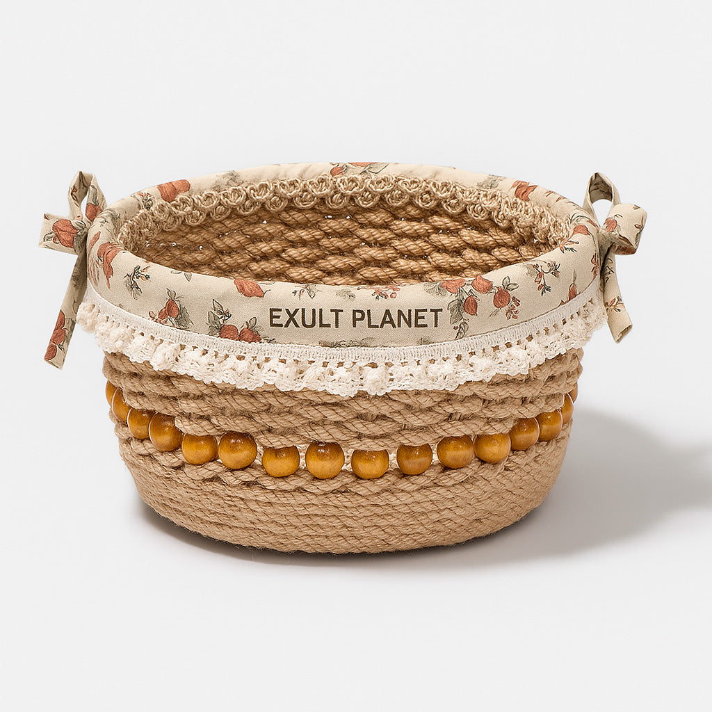 Eco-Friendly Jute Decorative Basket with Lace Trim for Home Organization