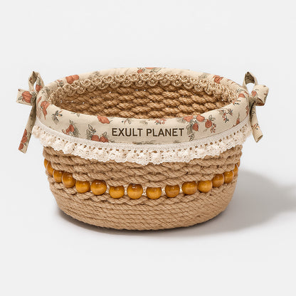 Eco-Friendly Jute Decorative Basket with Lace Trim for Home Organization
