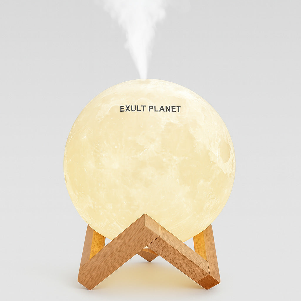 Moon-Shaped Humidifier with Wooden Stand for Aromatherapy and Night Light
