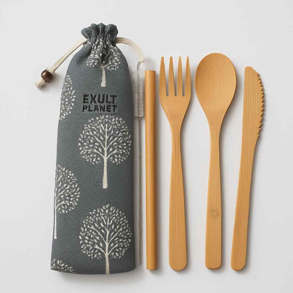 Eco-Friendly Bamboo Reusable Cutlery Set with Portable Pouch