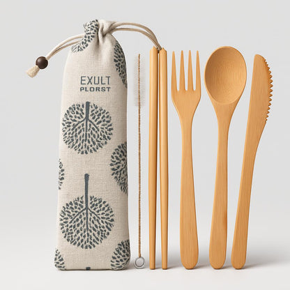 Eco-Friendly Bamboo Reusable Cutlery Set with Portable Pouch