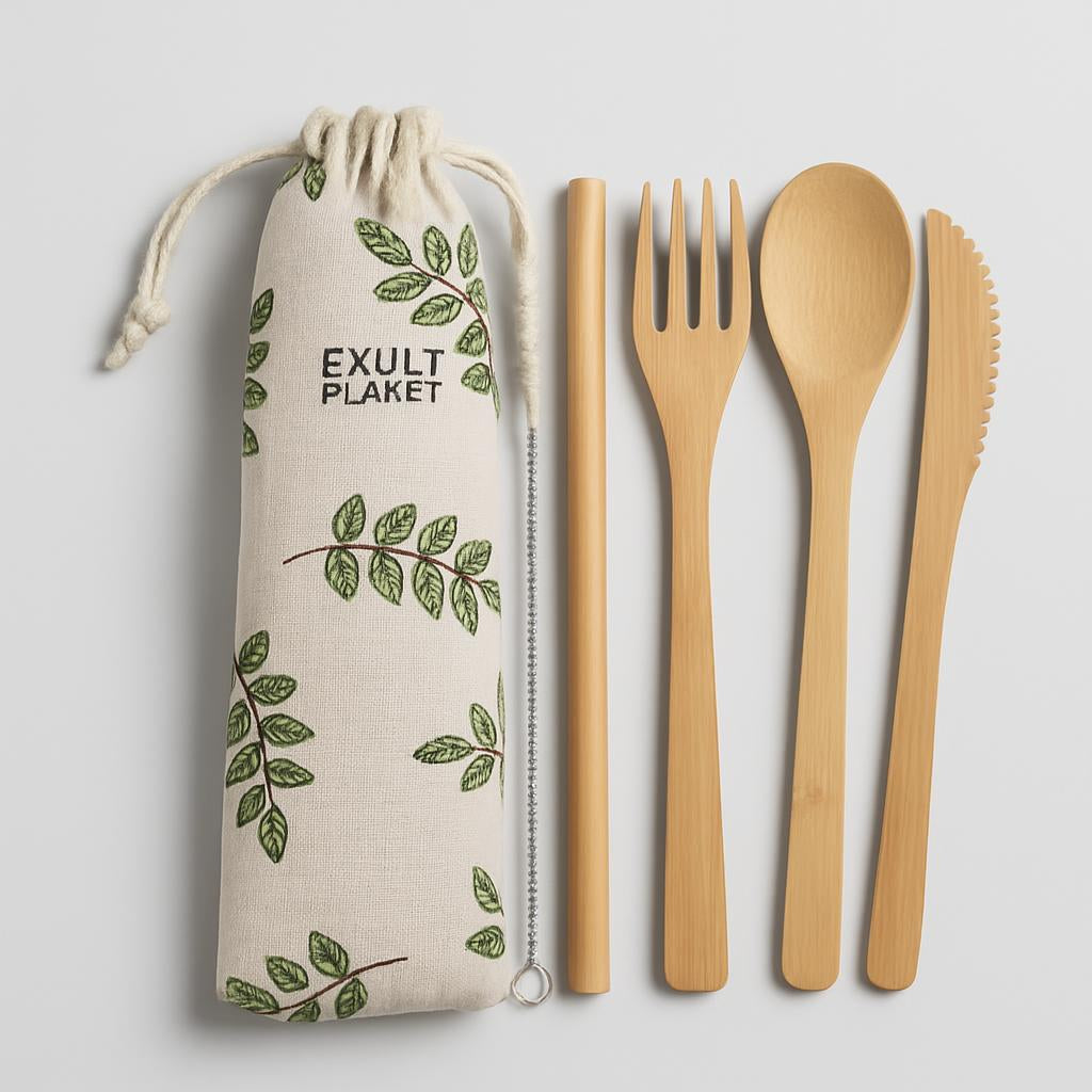 Eco-Friendly Bamboo Reusable Cutlery Set with Portable Pouch