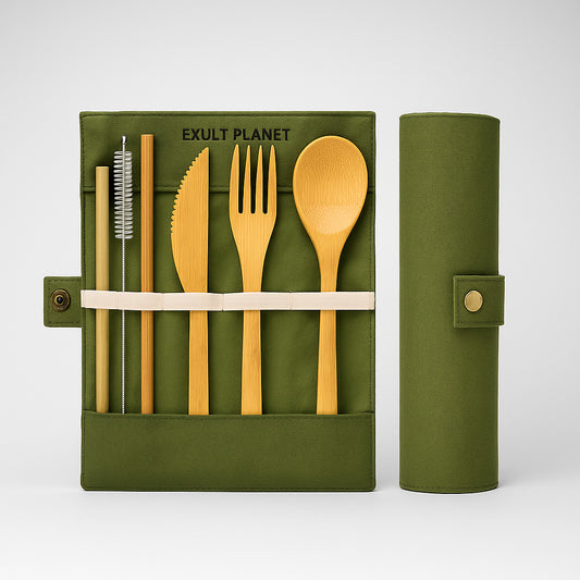 Eco-Friendly Bamboo Cutlery Set with Green Case - Reusable & Portable