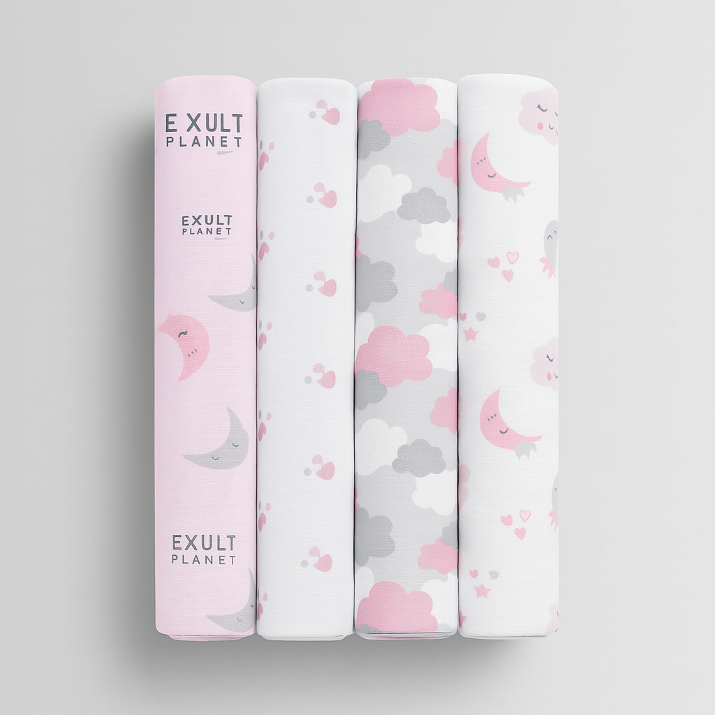 Organic Cotton Baby Receiving Blankets - Pink, White, Gray Patterns