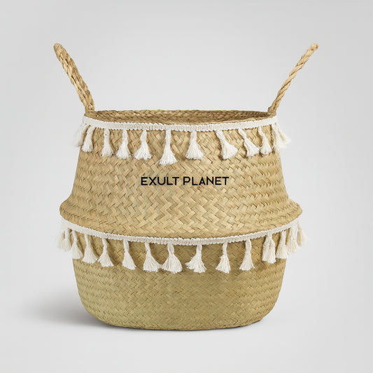 Eco-Friendly Bohemian Tassel Potted Plant in Natural Woven Basket