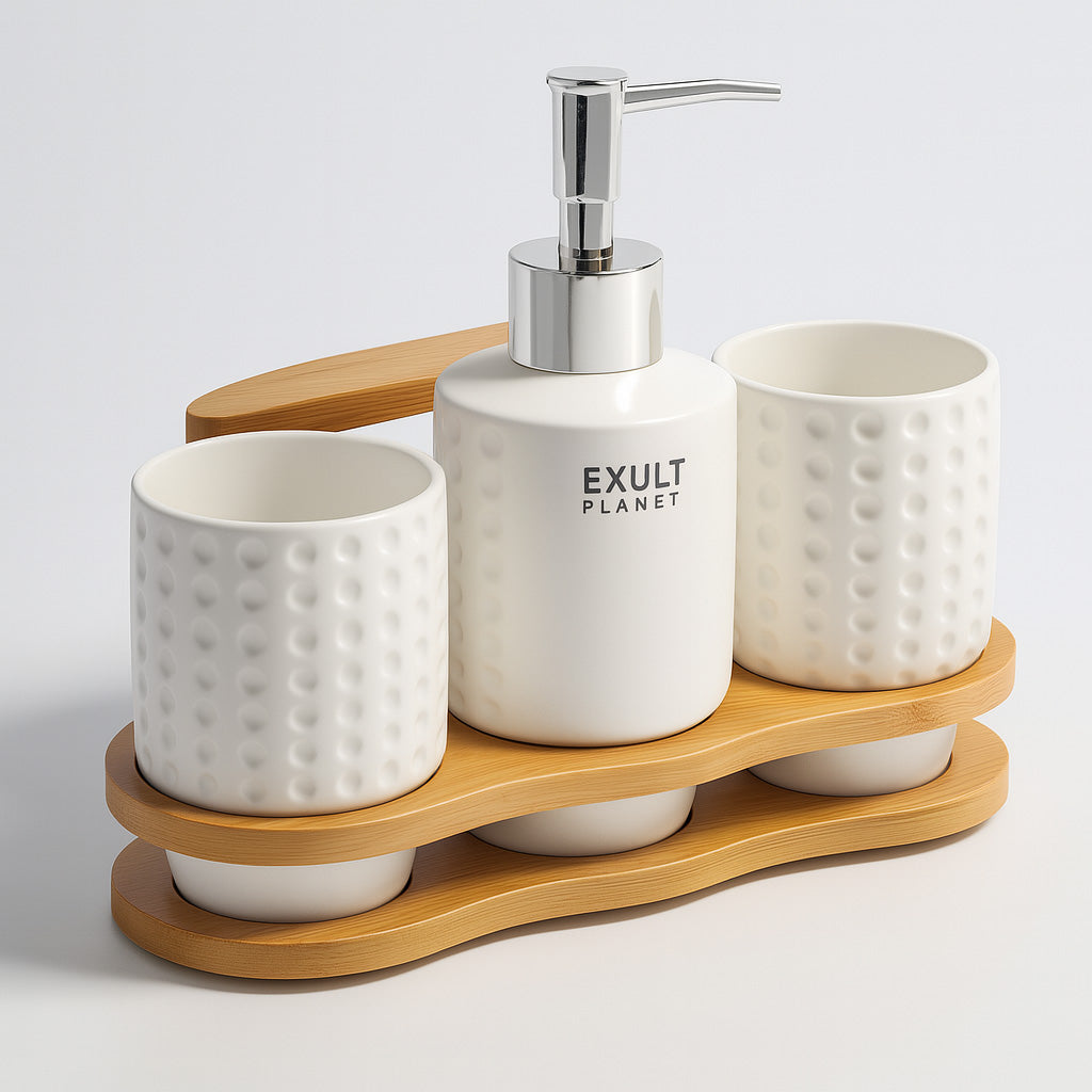 Eco-Friendly Bathroom Accessory Set - Ceramic & Bamboo