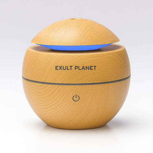 Eco-Friendly Spherical Humidifier with Wood Grain Finish and Blue Light