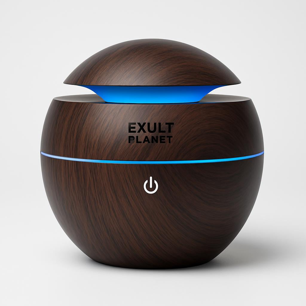 Eco-Friendly Spherical Humidifier with Wood Grain Finish and Blue Light