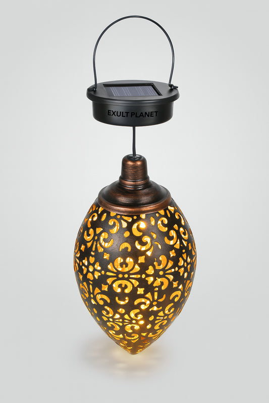 Solar-Powered Bronze Garden Lantern with Intricate Cut-Out Patterns