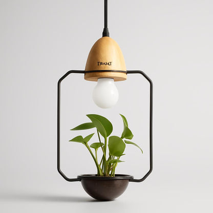 Teardrop Hanging Light Fixture with Integrated Planter - Black Frame, Wooden Accent