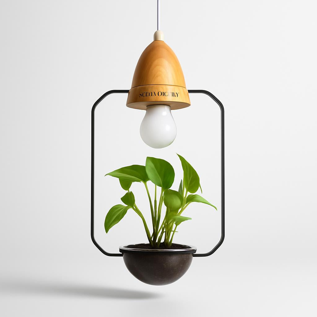 Teardrop Hanging Light Fixture with Integrated Planter - Black Frame, Wooden Accent