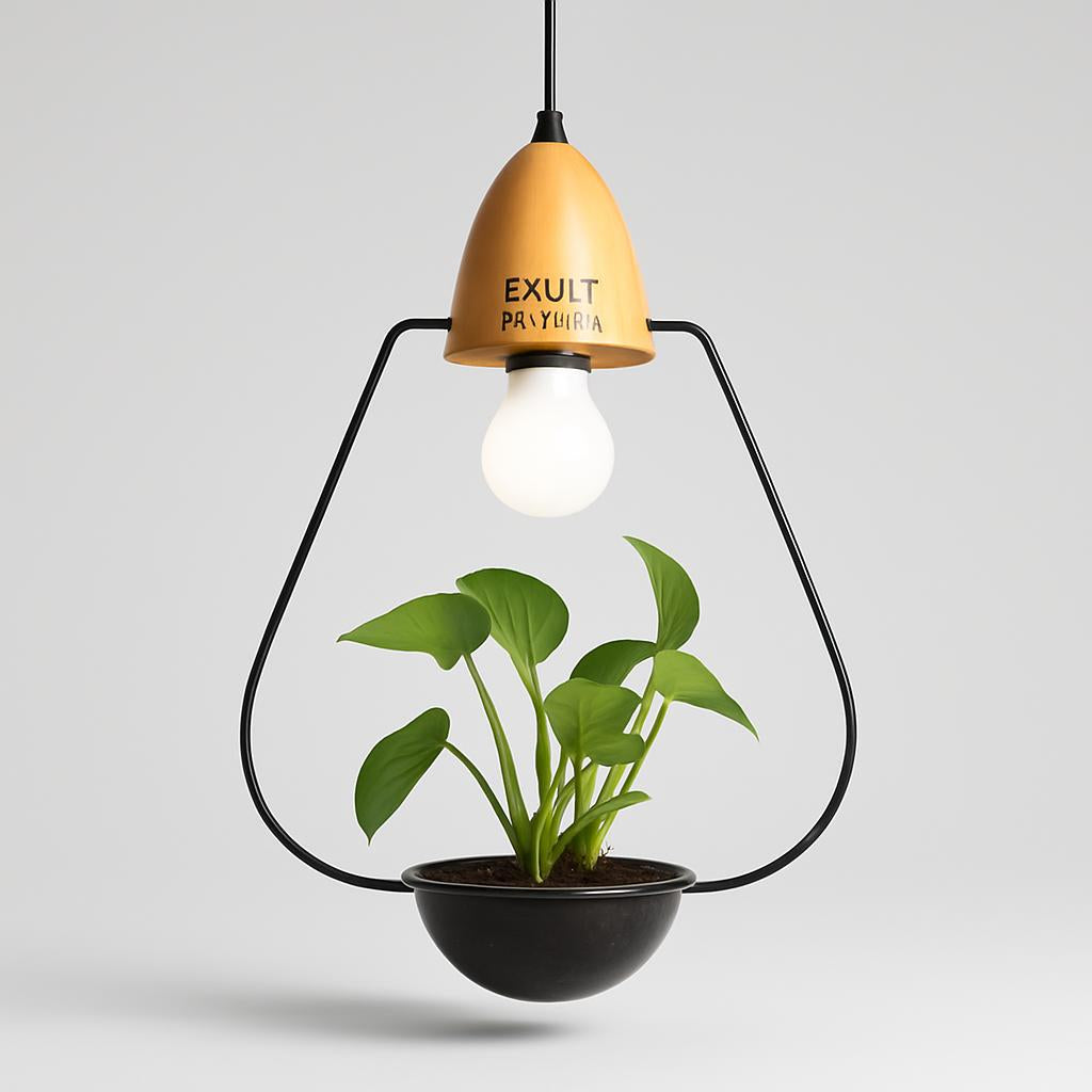 Teardrop Hanging Light Fixture with Integrated Planter - Black Frame, Wooden Accent