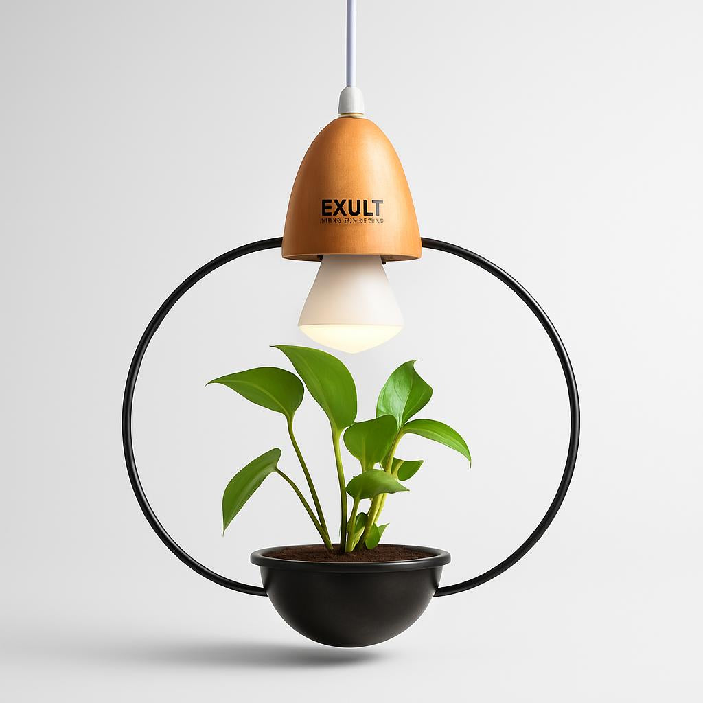 Teardrop Hanging Light Fixture with Integrated Planter - Black Frame, Wooden Accent