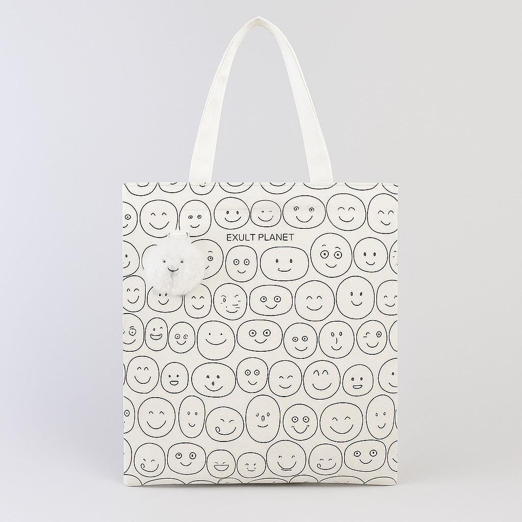 Eco-Friendly Black Smiley Face Tote Bag - Sustainable & Reusable