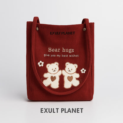 Eco-Friendly Corduroy Shoulder Bag with Lucky Bears Embroidery