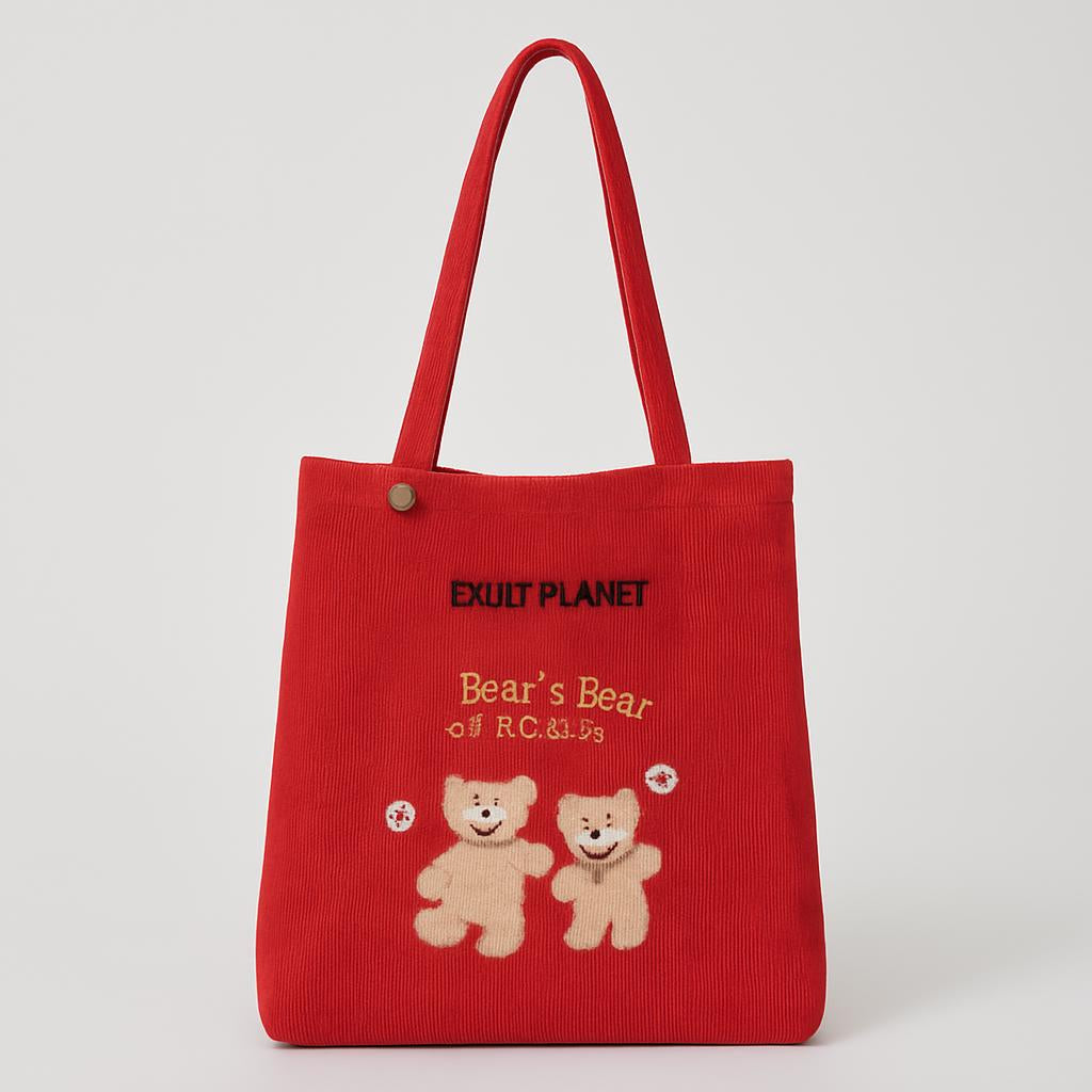 Eco-Friendly Corduroy Tote Bag with Lucky Bears Embroidery