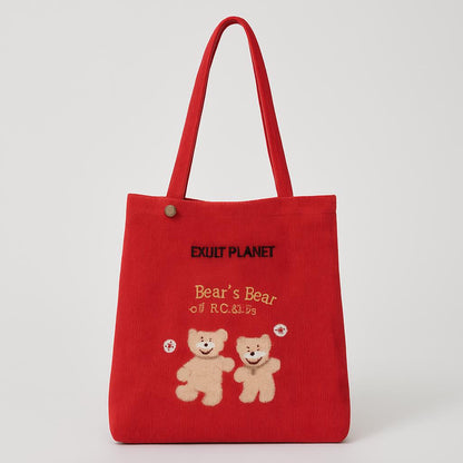 Eco-Friendly Corduroy Tote Bag with Lucky Bears Embroidery