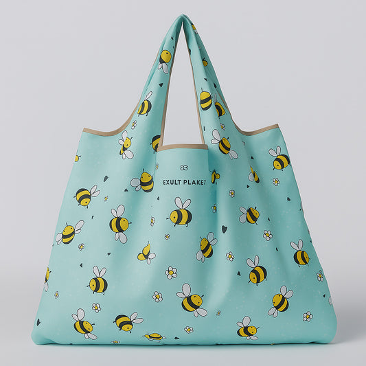 Eco-Friendly Reusable Shopping Bag - Light Blue Bee & Flower Design