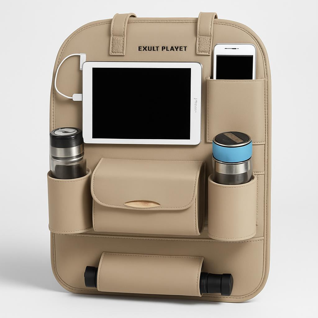 Brown Rectangular Car Seat Organizer with Multiple Pockets