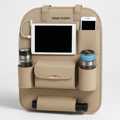 Brown Rectangular Car Seat Organizer with Multiple Pockets