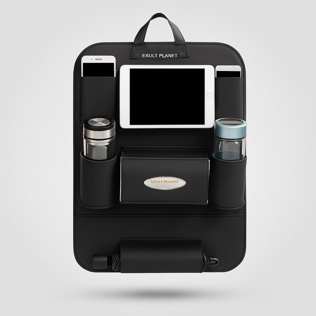 Brown Rectangular Car Seat Organizer with Multiple Pockets