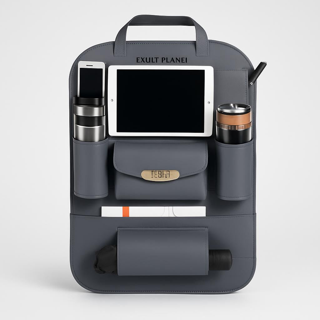 Brown Rectangular Car Seat Organizer with Multiple Pockets