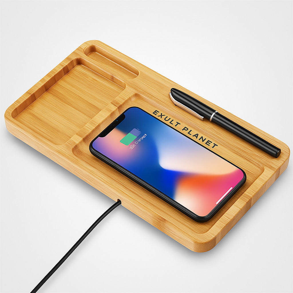 Bamboo Wireless Charging Station & Desk Organizer