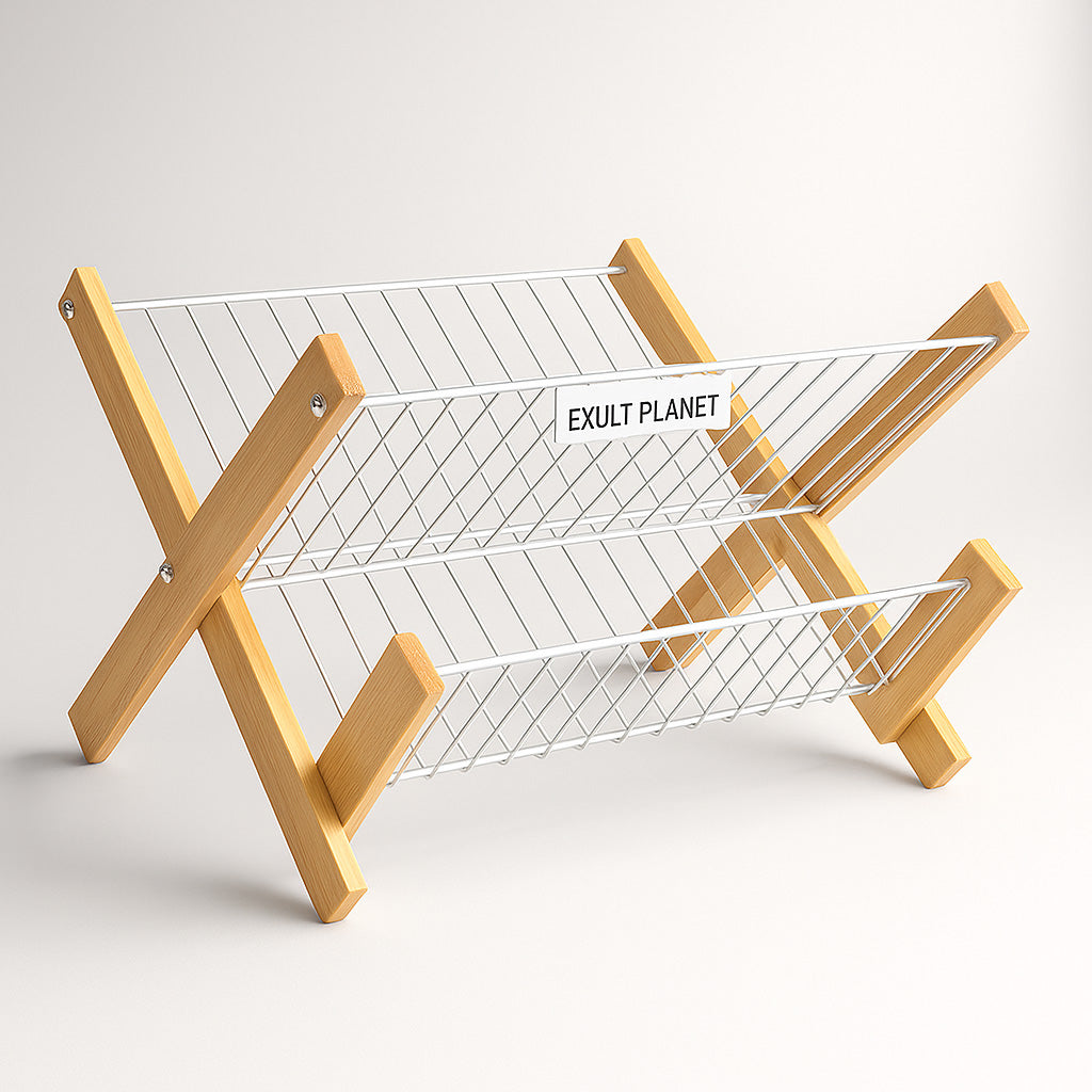 Eco-Friendly Bamboo & Metal Dish Drying Rack - Sustainable Kitchen Organizer