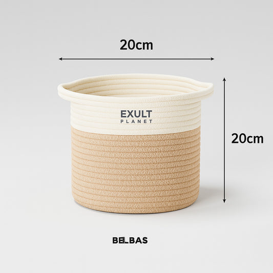 Eco-Friendly Hand Woven Storage Basket for Clothes and Toys in Beige and White