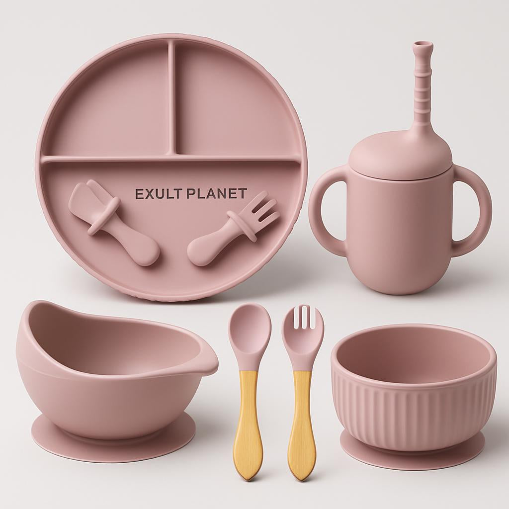 Eco-Friendly Pink Silicone Baby Feeding Plate Set