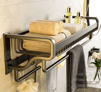 Wall-Mounted Space Aluminum Bathroom Shelf with Hooks (No Drill)