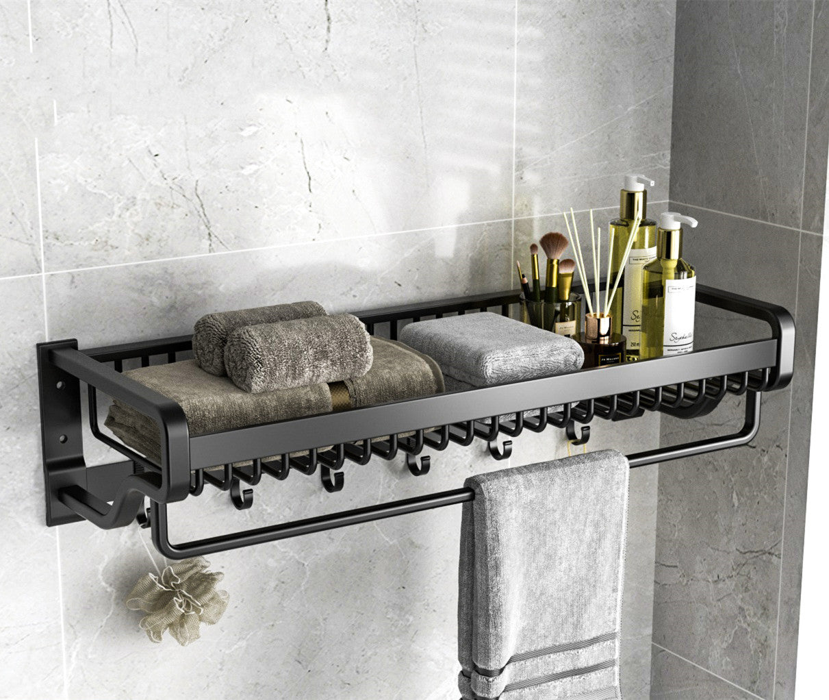 Wall-Mounted Space Aluminum Bathroom Shelf with Hooks (No Drill)