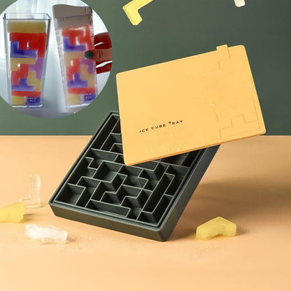 Tetris-shaped silicone ice cube tray with yellow lid
